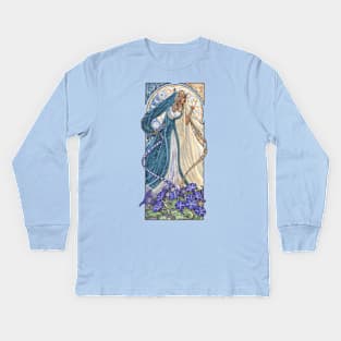 Lady of September with Sapphire and Morning Glories Celestial Moon and Sun Goddess Mucha Inspired Birthstone Series Kids Long Sleeve T-Shirt